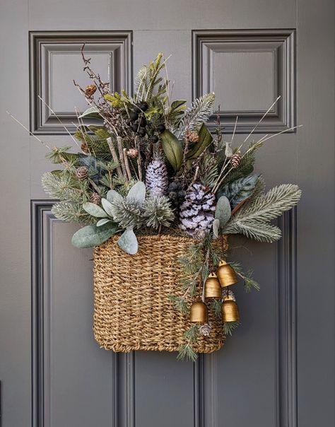 Basket On Wall, January Wreath, Easter Front Porch Decor, Front Door Baskets, Outdoor Christmas Planters, Christmas Door Hangings, Winter Farmhouse, Door Basket, Front Door Interior