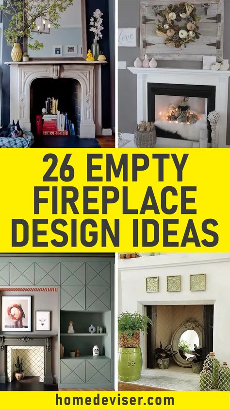 26 Creative Empty Fireplace Design Ideas! Embrace the warmth of a rustic aesthetic with these 26 captivating empty fireplace design ideas. Explore cozy decor and timeless inspiration for your home. #RusticDecor #FireplaceInspo Capped Fireplace Ideas, Out Of Use Fireplace Ideas, Covering Old Fireplace, Repurposed Fireplace Ideas, Around The Fireplace Decor, Faux Fire In Fireplace, Non Working Fireplace Decorating Ideas, Inside Of Fireplace Decor, Inner Fireplace Decor Ideas