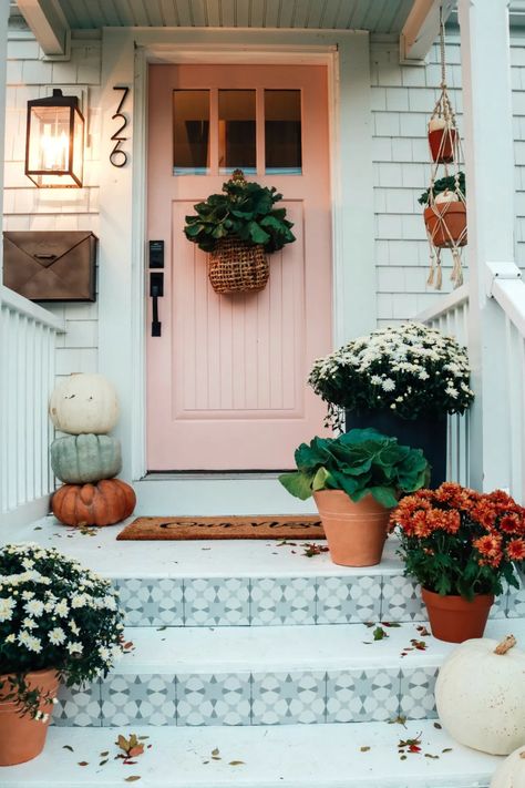 Fall Front Porch and Tile Front Steps - Nesting With Grace Fall Front Porch Ideas, Diy Curb Appeal, Nesting With Grace, Front Porch Ideas Curb Appeal, Fall Front Porch Decor, Exterior Paint Color, Diy Home Decor Ideas, Front Steps, New England Homes