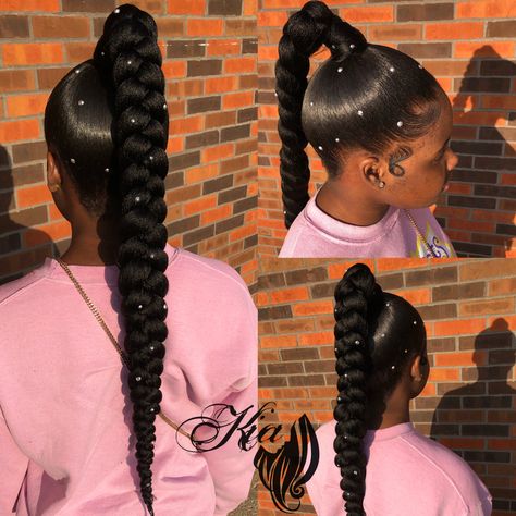 One Braided Ponytail Hairstyles, One Braided Ponytail, Hairstyles With Jewels, Cute Updos For Black Women, Sleek Ponytail Braid, Slick Back Braided Ponytail, High Sleek Ponytail, Mens Slicked Back Hairstyles, Ponytail Sleek