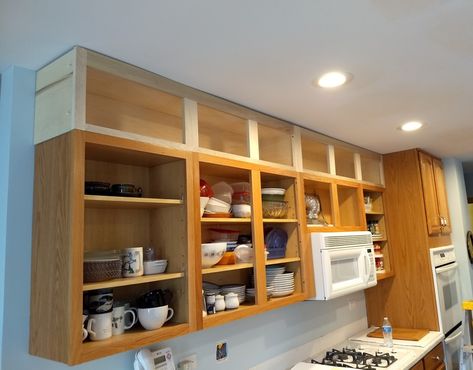 Uneven Upper Kitchen Cabinets, How To Raise Your Kitchen Cabinets, Wood And Colored Cabinets, Building Cabinets Above Kitchen Cabinets, Raising Cabinets Kitchen, Cabinet To Ceiling Diy, Stack Kitchen Cabinets Diy, Add Upper Cabinets To Existing, Diy Kitchen Cabinet Refacing