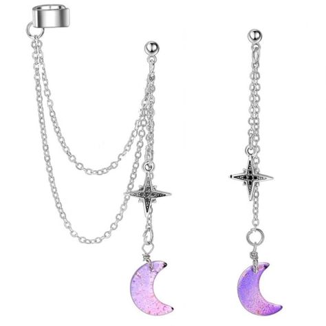 “Ombre Moon” Pink & Purple Gold Flakes Flecks Crescent Marcasite Star Celestial Galaxy Universe Astronomy Astrology Sky Cosmos Dripping Looped Chains Asymmetrical Mismatched Ear Cuff Silver Stainless Steel Stud Post Dangle Earrings. Wonderful Pink & Purple Ombre Crescent Moons With Sparkly Gold Fleck Inclusions & 8 Point Marcasite Encrusted Stars Dangle From Their Individual Tiered Chains Attached To A Silver Ball Post. One Earring Is Asymmetrical With 2 Looped Dangling Chains Attached To An Ear Space Themed Jewelry, Star Core Outfits, Moon Inspired Outfits, Celestial Accessories, Galaxy Clothing, Moon Clothes, Moon And Star Jewelry, Purple Fashion Outfit, Star Piercing