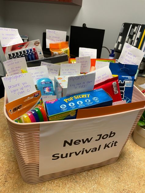 Co-worker leaving for a new job? Send them off with the tools they need for success! Add some inside jokes or favorite items and bam! here come the water works 🥲 Congratulations New Job Gift Baskets, Work Promotion Gift Basket, Ideas For A Coworker Leaving, Promotion Basket Ideas, New Job Care Package Gift, Work Leaving Gifts, Goodbye Co Worker Gifts, New Office Job Gift Basket, Gift For Friend Leaving Job