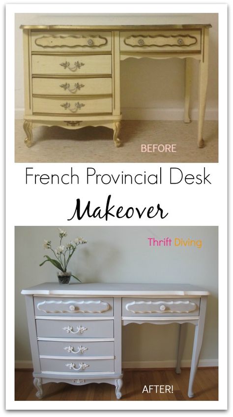 French Provincial Desk Makeover from Thrift Diving - This was a piece from the set in my bedroom growing up. Old Bedroom Furniture Makeover, French Provincial Desk Makeover, French Provincial Desk, French Provincial Bedroom, Old Bedroom, Provincial Furniture, French Provincial Furniture, Bedroom Furniture Makeover, Thrift Store Furniture