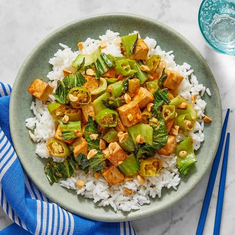 Recipe: Stir-Fried Tofu & Vegetables with Spicy Sesame-Peanut Sauce - Blue Apron Vegetarian Stir Fry Sauce, Pok Choi, Braised Tofu, Vegetarian Stir Fry, White Bean Chili, Mapo Tofu, Extra Firm Tofu, Nyt Cooking, Fried Tofu