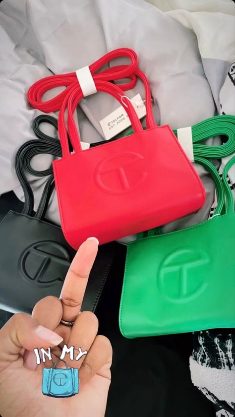 Cute Baddie Purses, Telfar Bags Aesthetic, Red Telfar Bag Outfit, Green Telfar Bag Outfit, Red Telfar Bag, Black Telfar Bag, Green Telfar, Red Shoes Outfit, Telfar Bags