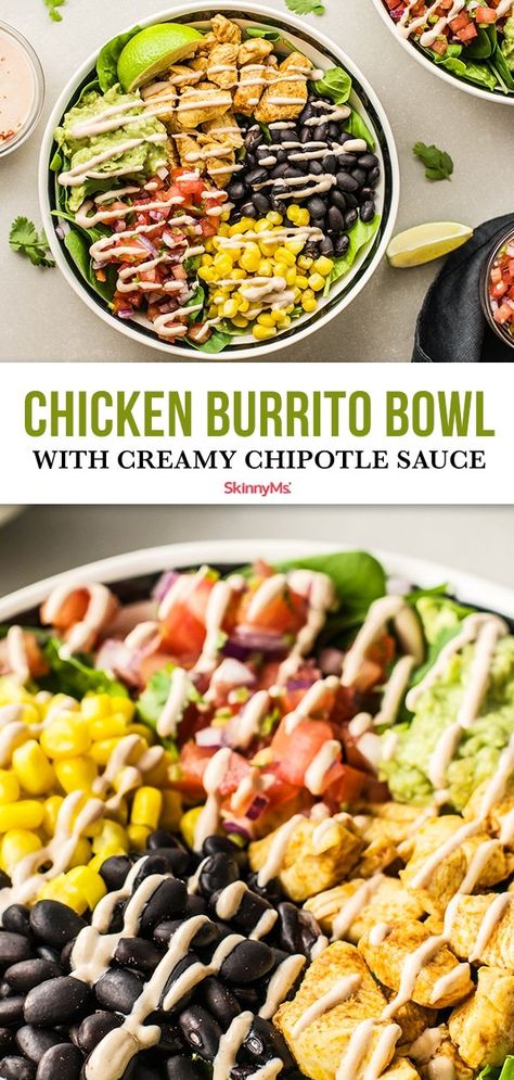 Skinnyms Recipes, Noom Meals, Burrito Recipes, Ww Lunch, Creamy Chipotle Sauce, Mexican Flavors, Burrito Bowls Recipe, Chicken Burrito, Chicken Burrito Bowl