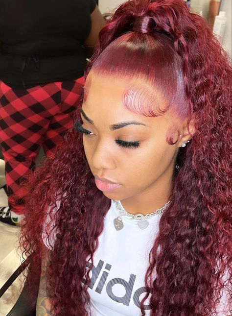 Frontal Lace Wig, Curly Lace Frontal, Weave Ponytail Hairstyles, Hair Color Burgundy, Curly Hair Types, Curly Human Hair Wig, Red Wigs, Velvet Hair, Hair Ponytail Styles