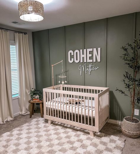 Nursery Ideas Names On Wall, Boys Neutral Nursery, Green Wall Nursery Boy, Gender Neutral Baby Room Ideas, Nursery With Brown Crib, Nursery Office Guest Room Combo, Here Comes The Son Nursery, Forest Green Baby Nursery