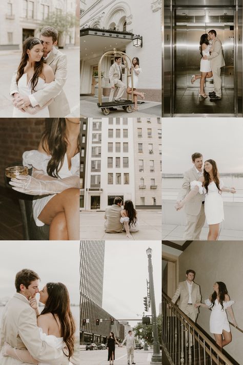 Downtown City Engagement Couple Photoshoot Trendy Extra Engagement Photos, Engagement Pics Downtown, Elopement Style Engagement Shoot, City Engagement Shoot Outfit, City Chic Engagement Shoot, Fall White Outfit, Engagement Photoshoot Themes, Engagement Photo Inspiration City, Modern City Engagement Photos