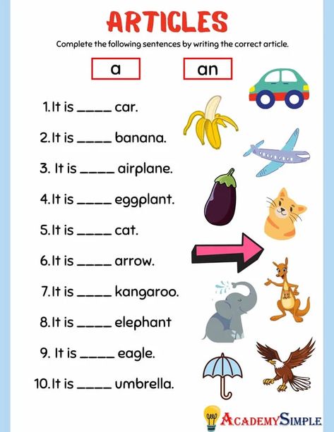 English Grammar Worksheets, Articles A-An #4 - Academy Simple Articles Worksheet, English Poems For Kids, English Homework, Teach English To Kids, Materi Bahasa Inggris, English Grammar Exercises, English Grammar For Kids, Grammar For Kids, English Teaching Materials