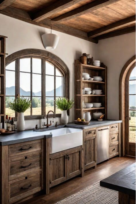 Rustic kitchen design with farmhouse sink and wooden cabinets Kitchen Cabinets Old Style, Rustic Hickory Kitchen Cabinets With Dark Countertops, Kitchen Sink Dresser Ideas, Cozy Kitchen Wood Cabinets, Rustic Wooden Kitchen Cabinets, Rustic Brown Kitchen Cabinets, Rustic Farmhouse Cabinets, Tuscany Inspired Kitchen, Rustic Kitchen Wood Cabinets