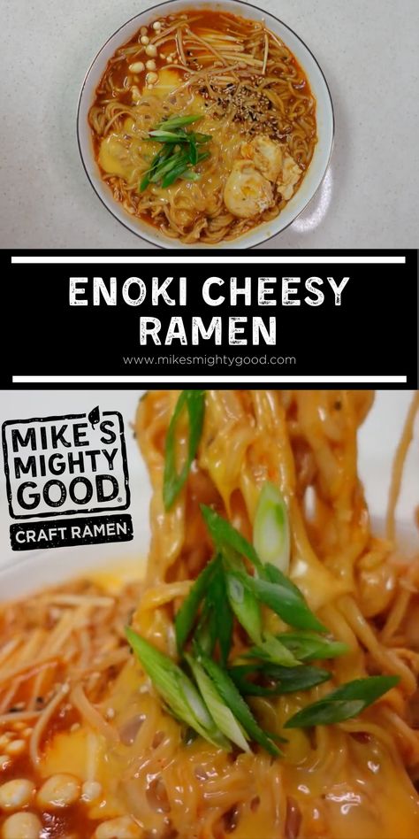 This easy 4-ingredient vegetarian ramen recipe features enoki mushrooms and gooey melted cheese. Enoki mushrooms have a crunchy texture that is so fun to eat, and they're extremely nutritious, containing an array of vitamins, minerals, and fiber. Enoki Mushrooms Ramen, Enoki Mushroom Recipe Ramen, Easy Enoki Mushroom Recipe, Enoki Noodles, Recipes With Enoki Mushrooms, Enoki Mushroom Recipes, Cheesy Ramen Recipe, Cheesy Ramen, Vegetarian Ramen Recipe