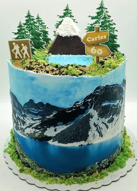 Mountain Cake Ideas Birthday, Nature Themed Cake, Geo Cake, Alaska Cake, Mountain Birthday, Nature Cake, Mountain Cake, Camping Cakes, 50th Cake