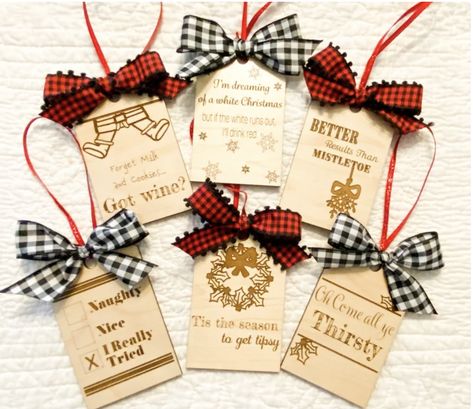 These wine tags will be perfect to hang on your tree or gift to family and friends. Tags are made out of mahogany wood and laser engraved. Ribbon will vary based on availability. Wine Tags Diy, Laser Cut Ornaments, Santa Cam Ornament, Diy Laser Engraver, Wine Bottle Gift Tags, Wine Crafts, Wine Gift Tags, Wood Laser Ideas, Bottle Gift Tags