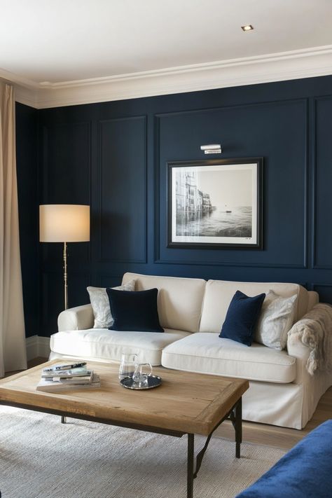 Category: Living Room - DreamyHomeStyle Blue Palette Living Room, Living Room Dark Blue Accent Wall, Living Room Inspiration Navy, Navy Blue House Interior Design, Dark Blue And White Living Room, Navy Decor Living Room, Living Room Designs Navy Blue, Cream And Navy Living Room, Navy Feature Wall Living Room