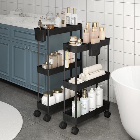 PRICES MAY VARY. [Flexible storage cart]: The small cart with 360°rotating wheels can be used in all rooms of your house, especially narrow spaces. You can flexibly use the bathroom cart for storage in bathroom, laundry room, kitchen, bedroom, dorm, etc. [Easy to install and clean]: The three tier rolling cart is easy to assemble without any additional tools. You can assemble 2 Pack lightweight utility cart on wheels in just 5 minutes.Each layer of the basket is designed with snowflake holes so Rolling Cart Ideas, Small Salon Suite Ideas Interior Design, Small Salon Suite Ideas, Vanity Cart, Kitchen Narrow, Bathroom Cart, Small Salon, Storage Utility, Slim Storage