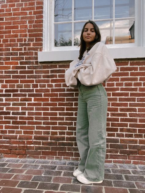 Green Pattern Pants Outfit, Olive Green Jeans Outfit Aesthetic, Cute Outfits Green Pants, What To Wear With Green Pants Winter, Sage Green Crewneck Outfit, Sage Fall Outfit, Cargo Corduroy Pants Outfit, Sage Sweatpants Outfit, Sage Hoodie Outfit