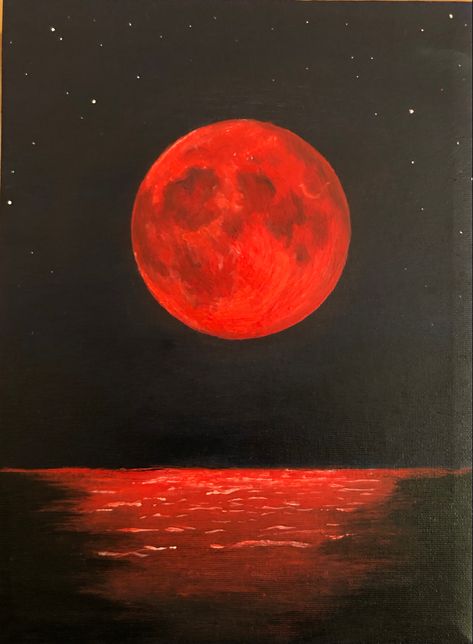 Moon Painting Realistic, Dark Red Painting Aesthetic, Aesthetic Red Painting Ideas, Red Moon Painting Acrylic, Red Moon Illustration, Nighttime Paintings Easy, Red Paintings Easy, Red Canvas Painting Ideas Easy, Black And Red Painting Ideas