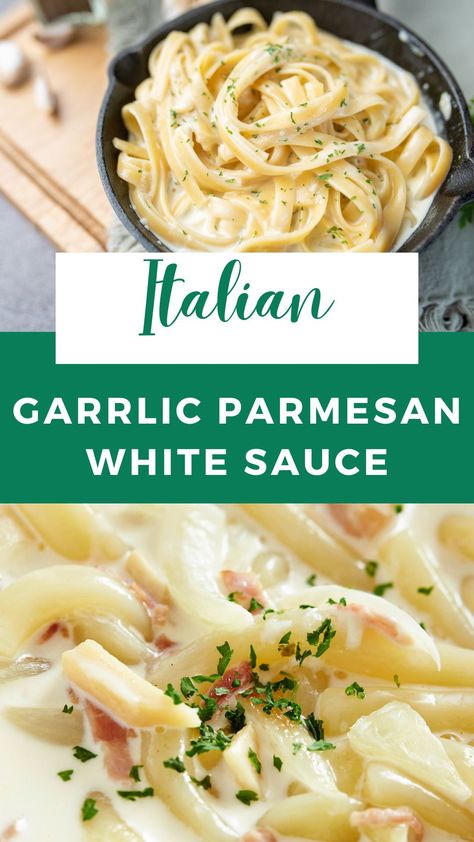 This Garlic Parmesan White Sauce makes versatile dishes from veggies to pasta load it on anything and make a quick Italian dinner recipe! #easydinnerideas #easydinnerrecipes #dinnerrecipes #italianrecipes #italian Italian Recipes White Sauce, Quick Italian Dinner, White Sauce Pasta Recipes, Parmesan White Sauce, Parmesan Bread Bites, Parmesan Pasta Sauce, White Pasta Sauce Recipe, Garlic Pasta Sauce, Pasta Casserole Recipes