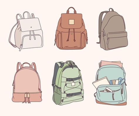 Backpack Drawing, Backpack Collection, Lakaran Fesyen, Bag Drawing, Backpack Art, Drawing Accessories, Poses Drawing, Props Art, Drawing Bag