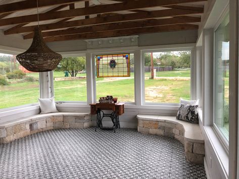 The carport was converted into an English conservatory style dining room. The pine rafters were hidden above the vinyl siding ceiling. Eight picture windows flood the room with natural light. Carport Patio Makeover, Close In Carport Ideas, Screened In Porch To Sunroom, Enclosing A Carport, Converted Carport, Attached Carport Ideas, English Conservatory, Sunroom Conversion, Porch To Sunroom Conversion