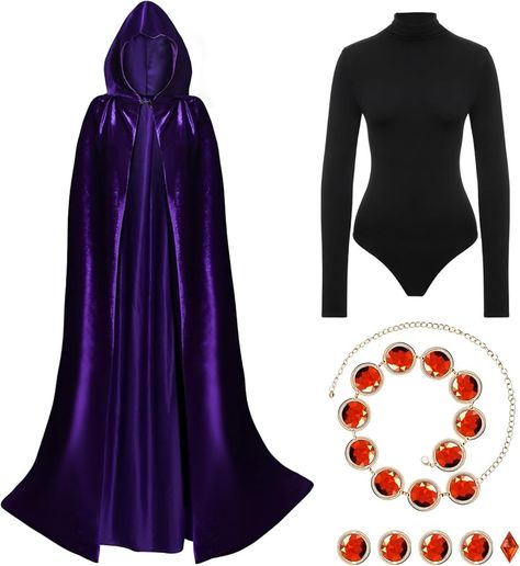 Amazon.com: Women's Halloween Cosplay Costume Purple Hooded Cloak Cape Long Sleeve Bodysuits with Adjustable Red Gem Waist Belt : Clothing, Shoes & Jewelry Mask Halloween Costume Women, Cosplay Bodysuit, Raven Costume, Halloween Fits, Cute Halloween Decorations, Black Cosplay, Best Friend Halloween Costumes, Costume Set, Halloween Costume Outfits