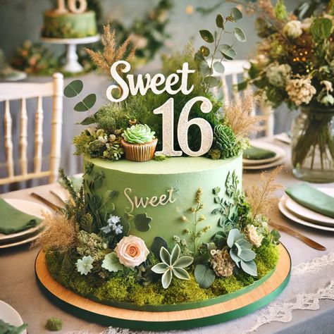 Nature-Inspired Cake - A sweet 16 birthday cake with a nature-inspired theme, featuring green and earthy tones, floral decorations, and a 'Sweet 16' topper. Ideal for an earthy celebration. Nature Birthday Cake Ideas, Sage Green And Gold Sweet 16 Cake, Earthy Cake Design, Birthday Cake Forest Theme, Enchanted Forest Themed Sweet 16, Garden Party Sweet 16 Theme, Forest Green Birthday Cake, Nature Theme Birthday Cake, Nature Themed Sweet 16