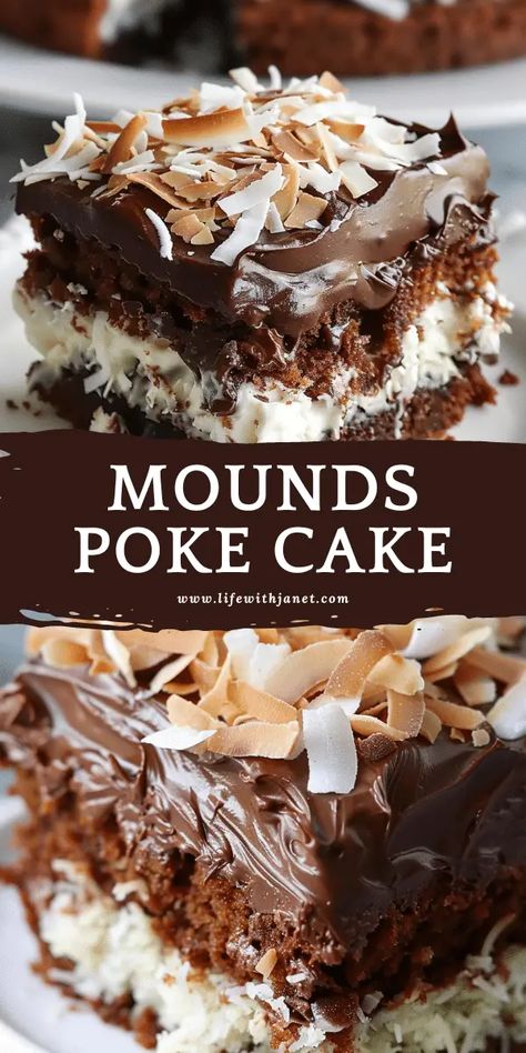 Mounds Bar Poke Cake, Hot Chocolate Poke Cake Persnickety, Fun Bundt Cake Recipes, Chocolate Coconut Poke Cake, Coconut Sheet Cake With Cream Of Coconut, Almond Joy Bundt Cake Recipe, Lazy Day Cake Recipe, Best Chocolate Poke Cake, Chocolate Poke Cakes Recipes