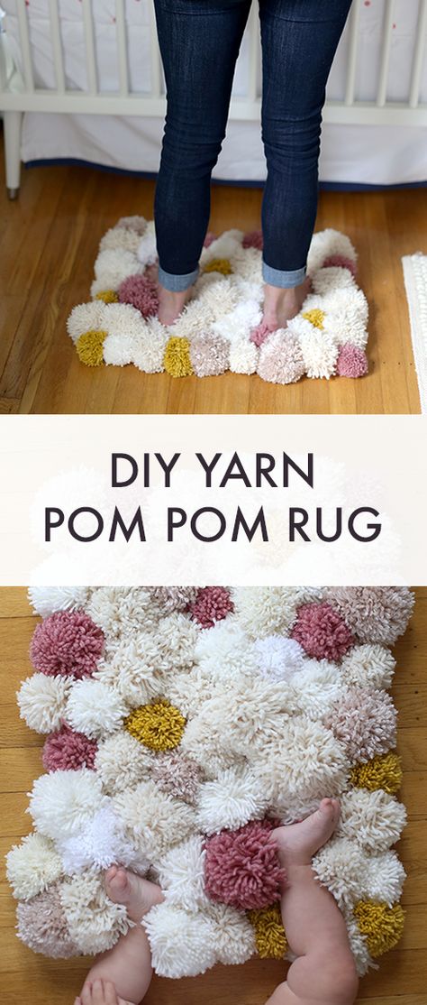 Pompon Rug Diy, Pom Pom Bedroom Decor, Pom Pom Nursery, Diy Nursery Crafts, Pom Pom Rug Diy How To Make, Diy Crafts For Nursery, Diy Rug Making, Homemade Nursery Decor, Diy Baby Girl Nursery Decor