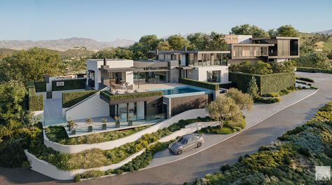 Modern Mansion Garage, Mansion Landscape Design, Modern Mega Mansion, Dream House Mansions, Mansion Exterior, House Outer Design, Tiny House Layout, Beverly Hills Houses, Luxury Modern Homes