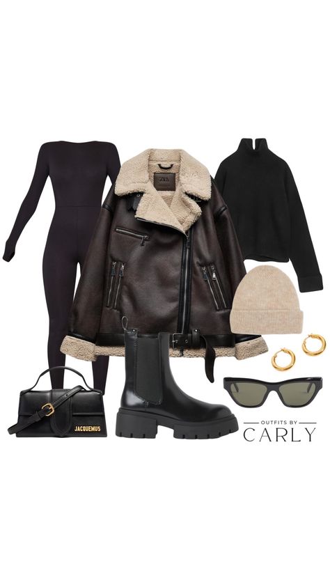 A black bodysuit, black turtleneck jumper, black sunglasses, gold hooped earrings, a cream-coloured knitted beanie, a black Jacquemus handbag, and black chunky boots. Winter In Uk Outfits, Winter Aviator Jacket Outfit, Uk Outfit Women Winter, Zara Brown Jacket Outfit, Winter Outfit With Hat, Brown Aviator Jacket Outfit Winter Style, Winter Sunglasses Outfit, Full Body Suit Outfits Winter, Zara Aviator Jacket Outfit