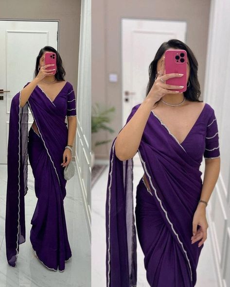 Silver Border Saree, Purple Silk Saree, Sarees For Girls, New Saree Blouse Designs, Traditional Blouse Designs, Purple Saree, Fashionable Saree Blouse Designs, Border Saree, Saree Designs Party Wear