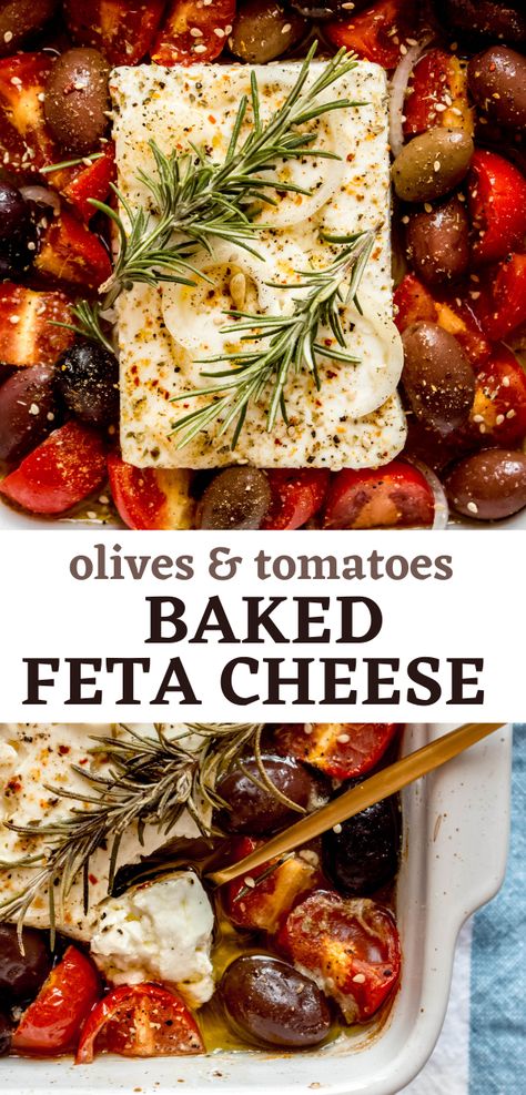 Baked Feta with Tomatoes and Olives Greek Appetizer Feta Dip With Tomatoes, Dip With Tomatoes, Baked Feta With Tomatoes, Baked Feta With Olives, Feta With Tomatoes, Feta With Olives, Baked Feta Dip, Feta Appetizer, Authentic Greek Recipes