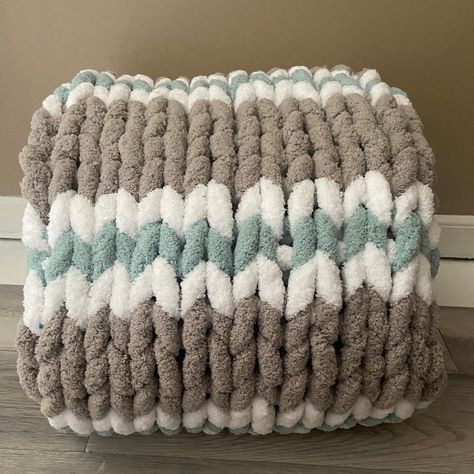 Warm and Cozy Chunky Yarn Blanket in Ash Gray with White and Spa Blue Stripes  is handwoven by me. This blanket is ready to ship and measures approximately W 42" x L 62" . colors: spa blue, blue, white, Blue green, blue, spa blue materials:  polyester yarn care: handwash and lay flat to dry. Blue Chunky Knit Blanket, Chunky Animals, Preppy Bedrooms, Chunky Knit Blanket Pattern, Blanket Colors, Chunky Yarn Blanket, Chunky Blankets, Yarn Blanket, Hand Knitting Diy