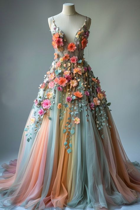 Fairytale Clothing, Rainbow Gown, Loafers Outfit Ideas, Colorful Bride, Chunky Loafers Outfit, Fairytale Ball, Floral Gowns, Gown Dress Design, Pastel Gown