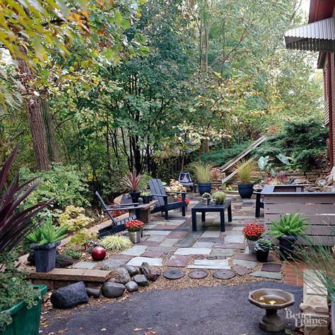 Eclectic Patio Stone Patio, Garden Makeover, Beautiful Yards, Diy Gardening, Have Inspiration, Landscape Plans, Side Yard, Backyard Oasis, Patio Ideas