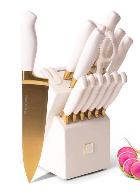 White Kitchen Knife Set, Gold Knife Set, White Kitchen Utensils, Gold Knife, Kitchen Essentials List, Gold Kitchen Accessories, Kitchen Decor Collections, Future Apartment Decor, Gadgets Kitchen Cooking