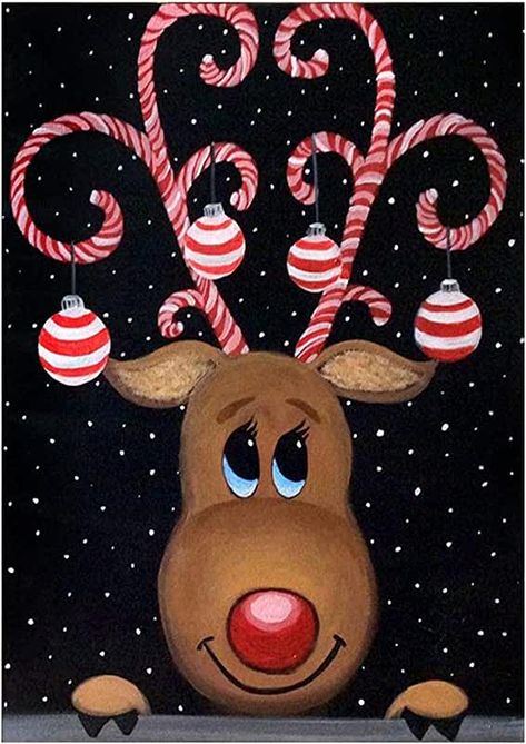 Candy Cane Reindeer, Christmas Window Painting, Christmas Canvas Art, Christmas Paintings On Canvas, Christmas Rock, Holiday Painting, Easy Canvas Painting, Christmas Canvas, Christmas Drawing