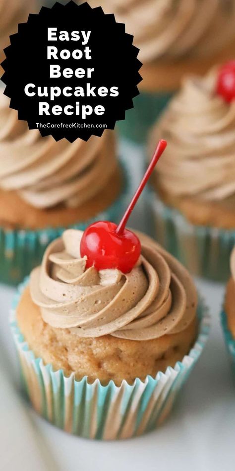 Anyone that loves root beer will fall in love with these delicious Root Beer Float Cupcakes. The soft and tender cupcakes are made with real root beer and root beer extract and topped with root beer buttercream frosting. #thecarefreekitchen #cupcakes #rootbeer #rootbeerfloat #rootbeerextract #buttercream #frosting #summer #dessert Root Beer Float Mini Cakes, Root Beer Extract Recipes, Rootbeer Recipes, Root Beer Party, Root Beer Cupcakes, Root Beer Floats Party, Root Beer Float Cupcakes, Root Beer Cake, Root Beer Candy