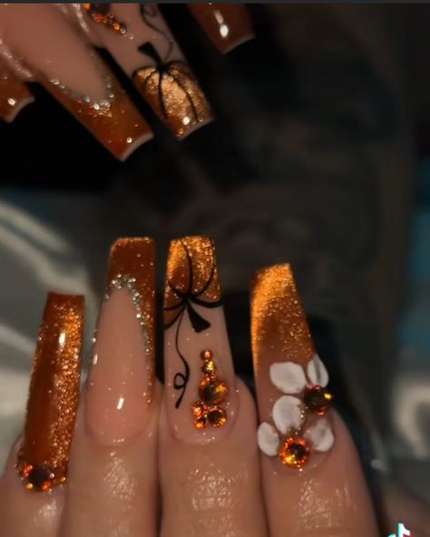 Coffin Nails Thanksgiving, Nails Design For November, November Birthday Nails Acrylic, Fall Nail Set Ideas, November Almond Nails Designs Fall, Long Fall Acrylic Nail Designs, Holiday Coffin Nail Designs, November Themed Nails, Fall Nail Sets Acrylic Short