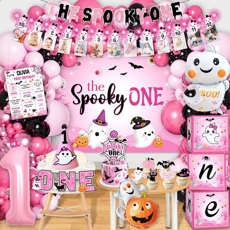 PRICES MAY VARY. Package Includes: You will receive 118 pieces of spooky one birthday decorations girl, include 20 x 12 inch balloon, 32 x 10 inch balloons, 40 x 5 inch balloon, 4 x aluminum film balloon, 1 x the spooky one banner with 118.2 inch pink string lights, 1 x high chair banner , 1 x spooky one backdrop (59" x 39"), 1 x cake toppers, 12 x cupcake toppers, 1 x party hats, Our the spooky one first birthday set enhances the party atmosphere and creates an unforgettable memory for your fri A Spooky One Birthday Girl, Halloween Themed 1st Birthday Party, Halloween 1st Birthday Party, Spooky One First Birthday, The Spooky One, Girl Halloween Party, First Birthday Decorations Girl, Spooky One Birthday, Halloween 1st Birthdays