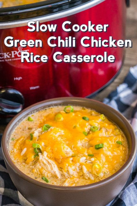 Cooking Panda Green Chili Chicken And Rice, Slow Cooker Green Chili Chicken, Crock Pot Green Chili, Slow Cooker Green Chili, Green Chili Chicken Casserole, Cooking Panda, Green Chili Chicken, Green Chile Chicken, Chicken Rice Casserole