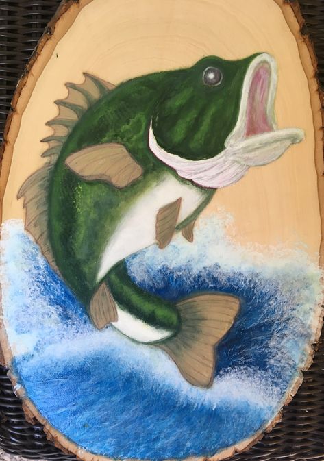 Hunting And Fishing Painting Ideas, Painting Of A Fish, Acrylic Fishing Painting, Bass Fish Drawing Easy, Fish Jumping Out Of Water Painting, Bass Fish Painting Acrylic Easy, Easy Fish Paintings On Canvas, Bass Painting Easy, Acrylic Painting On Wood Ideas