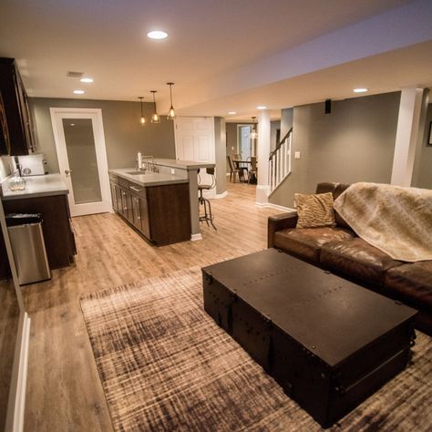 Basement Bedroom And Bathroom Layout, Basement Plans Layout Design, L Shape Basement Layout, Earthy Basement Ideas, Open Concept Basement Ideas, Narrow Basement Layout, Basement Apartment Ideas Room Layouts, Basement Open Concept, Tv Room Ideas Cozy