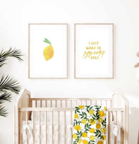 These simple, bright and fun watercolor prints would fit in beautifully with your citrus-inspired room. #citrusnursery #citrusprint #lemonart #lemonprint Citrus Nursery Theme, Lemons Nursery, Lemon Nursery Theme, Fruit Themed Nursery, Citrus Nursery, Lemon Nursery, Gender Neutral Nursery Inspiration, Nursery Inspiration Neutral, Citrus Theme