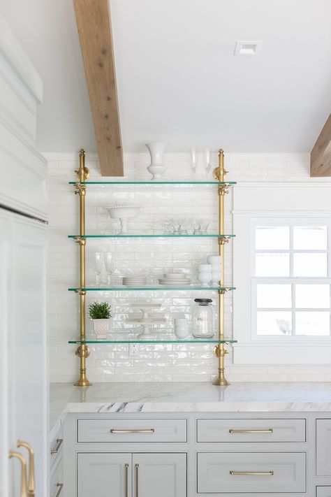 beam work-around ... 1930s French bistro open shelves / shelving ... gold pipe Bistro Shelving, Brass Shelving, Luxurious Kitchens, Luxury Kitchen Ideas, Glass Shelves Kitchen, Glass Shelving, Expensive Homes, Kitchen Finishes, White Kitchen Island