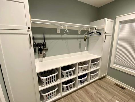 Storage Shelves For Laundry Room, Family Laundry System, Laundry Remodel, Pallet Laundry Room Ideas, Mud Room Laundry Room Combo, Family Closet, Small Laundry Room Makeover, Pantry Laundry Room, Small Laundry Room Organization