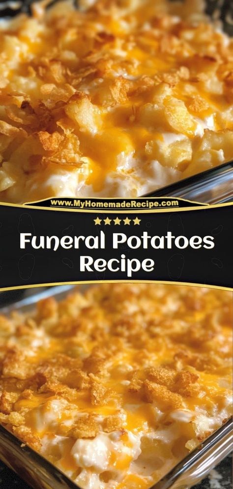 Funeral potatoes are creamy, cheesy, and topped with crispy cornflakes. A comforting side dish for any occasion. Ingredients: 4 cups shredded potatoes 1 cup sour cream 1 can cream of chicken soup 1 cup cornflakes, crushed Serve these potatoes as a delicious, classic side dish. Great for gatherings or holiday dinners Furneal Pototoes, Easy Party Potatoes, Sour Cream Potatoes Bake, Christmas Potato Casserole, Family Sides For Dinner, Funnel Potatoes, Sour Cream Potato Casserole, Side Dishes For Christmas Dinner Simple, Best Sides For Christmas Dinner