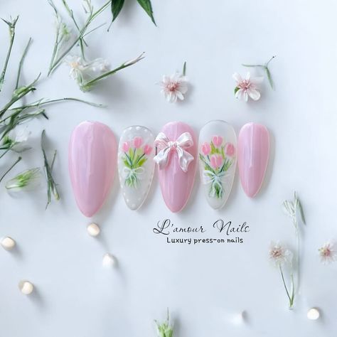 Gorgeous press-on nails with hand-painted tulips. Get 20% OFF on Etsy, shop now :https://lamournailsuk.etsy.com #pressonnails #weddingnails #pressonnailsuk #handpainted #applypressonnails #beauty #nails #nailsartvideos #nailsart #nailtech #naildesigns #nailinspo Tulip Flower Nails, Tulips Nails, Tulip Nail Art, Tulip Nails, Nail Store, Acrylic Press On Nails, Tulip Flower, Nail Art Inspiration, Tulips Flowers